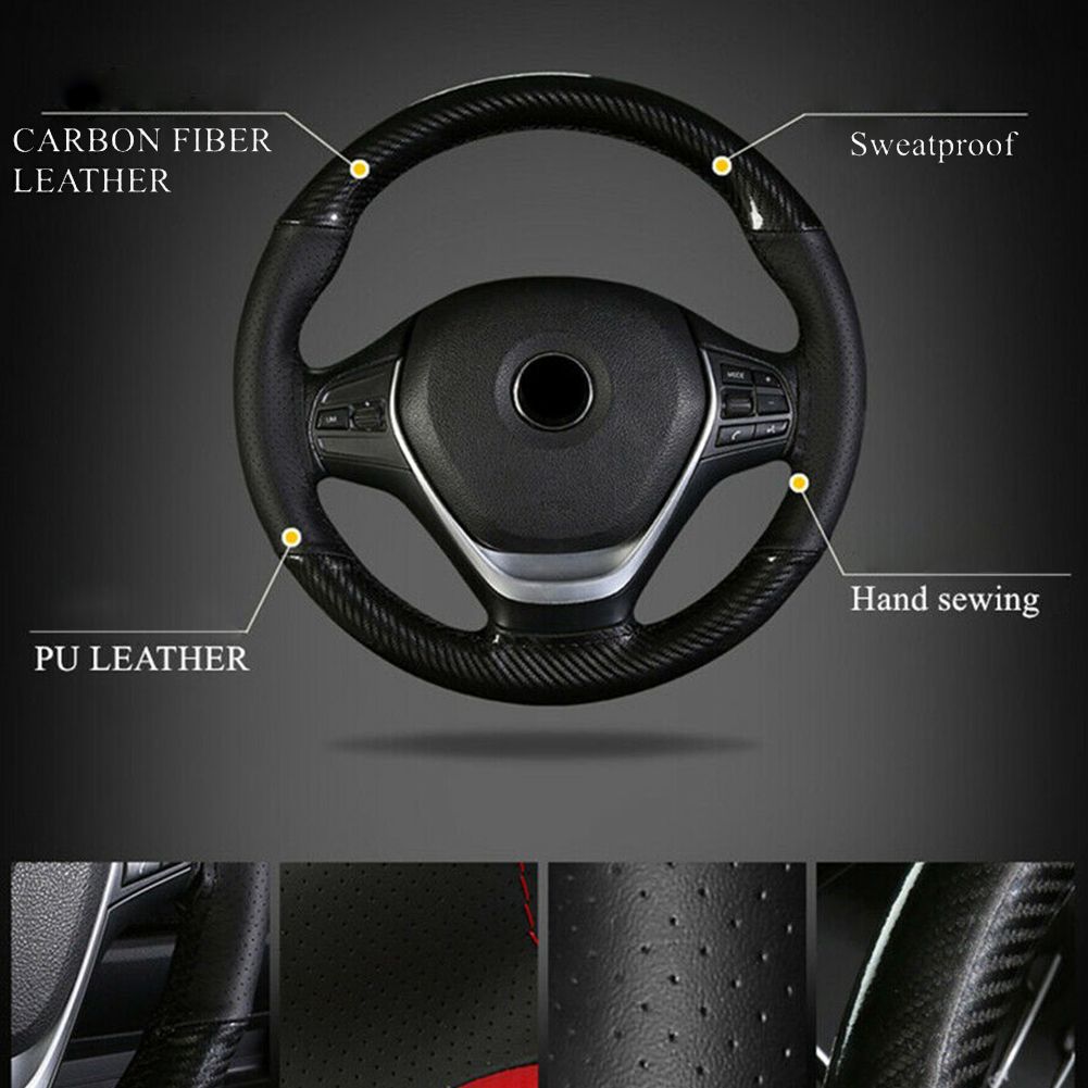 Universal Leather Steering Wheel Cover Carbon Fiber Pattern Fashion Sport Hand Stitches Soft Anti - Slip