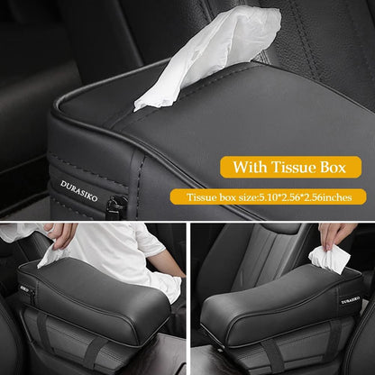 Car Center Console Pad with Tissue Bag at The Back,PU Leather Armrest Cushion,Elbow Rest Pillow, Relieve Arm Fatigue