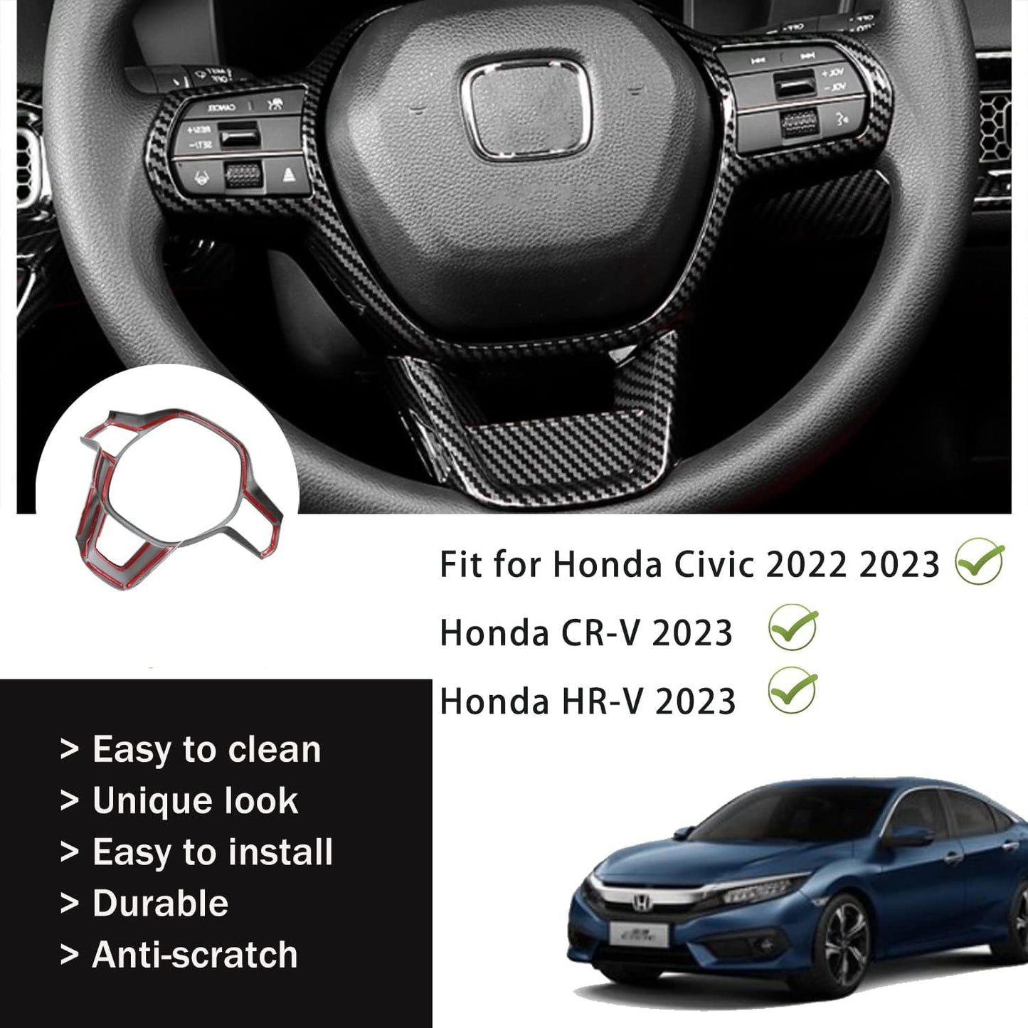 Steering Wheel Frame Cover Trim for 11th Honda Civic 2022 2023 Interior Decoration Accessories - Black Carbon Fiber Pattern