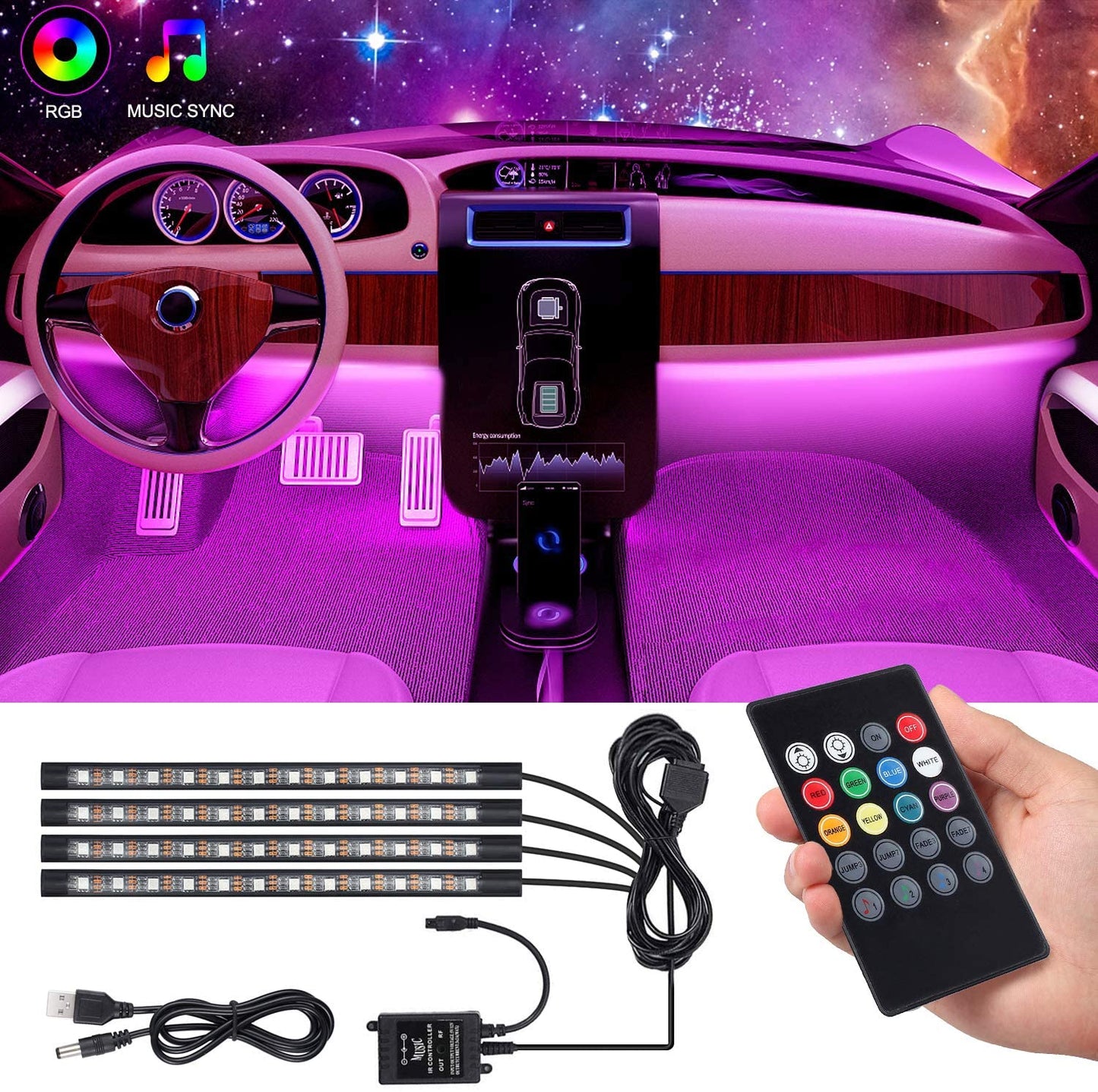 Car Interior Floor Decorative Atmosphere Light Remote Control RGB Light with Music Sensor